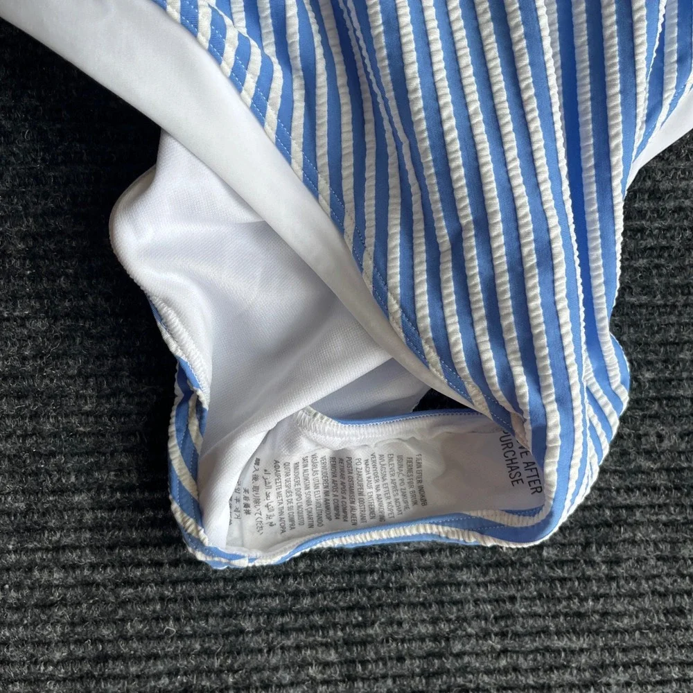 Abercrombie & Fitch 1 Piece Swimsuit Womens L Blue White Seersucker Striped NWOT